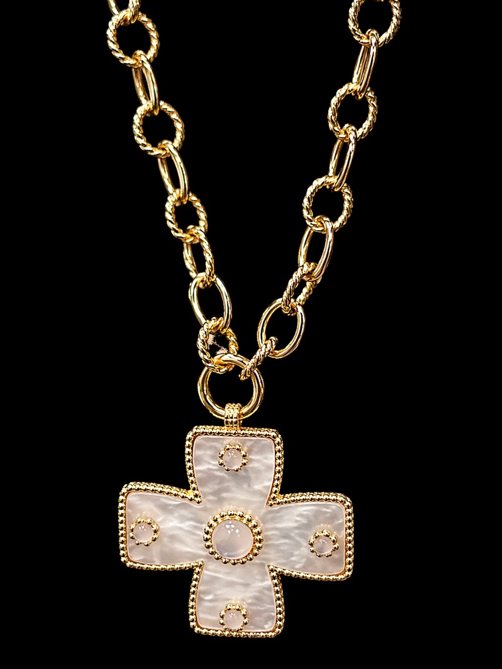 Gold Chain Necklace with Ivory Mother-of-Pearl Cross Pendant